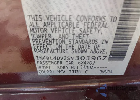 2025 Nissan Altima Sv Fwd from USA, damaged, VIN 1N4BL4DV2SN303967